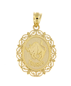 14k Yellow Gold Taurus Zodiac Horoscope Oval Pendant Charm