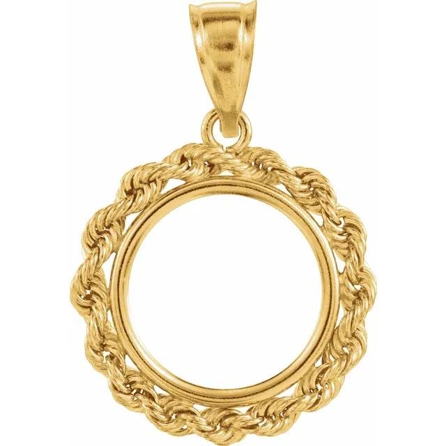 14K Yellow Gold 1/20 oz Chinese Panda 1/25 oz Isle of Man Cat Coin Tab Back Frame Rope Style Pendant Holder for 14mm x 1mm Coins