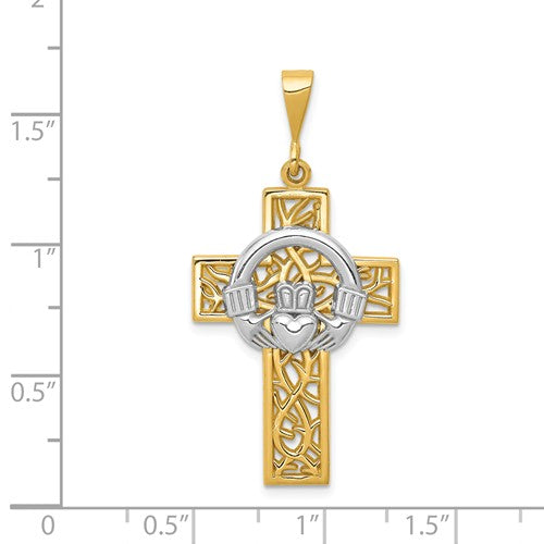 14k Gold Two Tone Claddagh Cross Open Back Pendant Charm