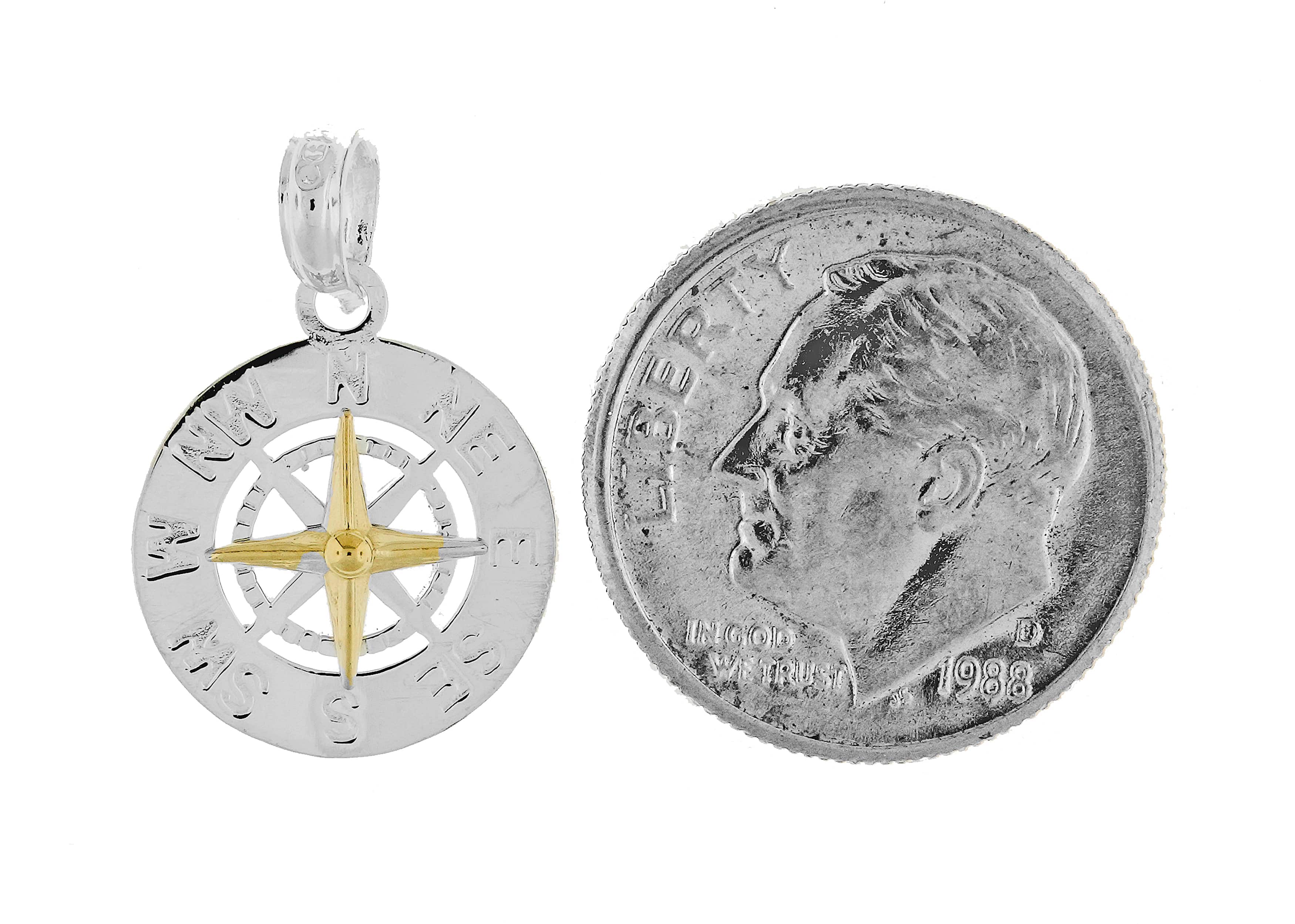 Sterling Silver and 14k Yellow Gold Nautical Compass Medallion Small Pendant Charm