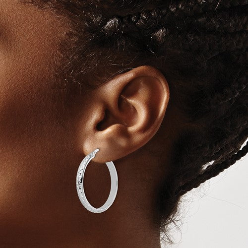 14k White Gold 28mm x 4mm Diamond Cut Round Hoop Earrings