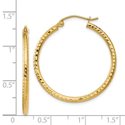 14K Yellow Gold Diamond Cut Round Hoop Textured Earrings 30mm x 2mm