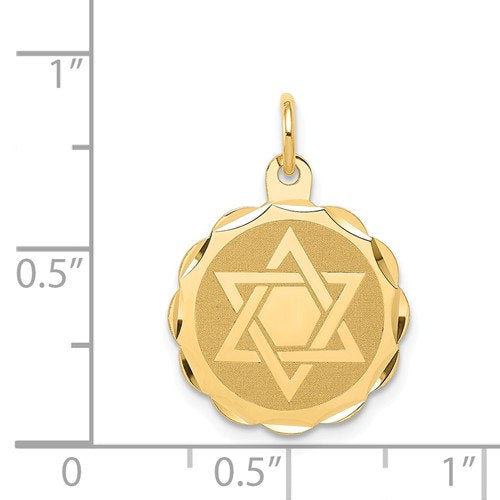 14K Yellow Gold Star of David 15mm Disc Pendant Charm Engravable Engraved Personalized