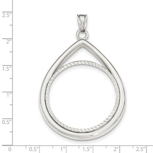 14K White Gold 1 oz One Ounce American Eagle Teardrop Coin Holder Diamond Cut Prong Bezel Pendant Charm Holds 32.6mm x 2.8mm Coins