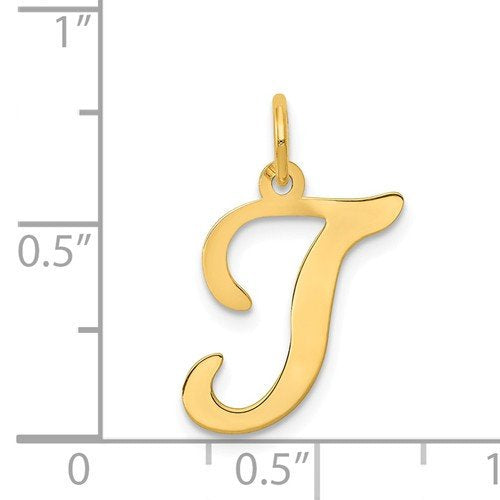 14K Yellow Gold Initial Letter T Cursive Script Alphabet Pendant Charm