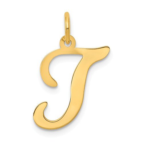 14K Yellow Gold Initial Letter T Cursive Script Alphabet Pendant Charm