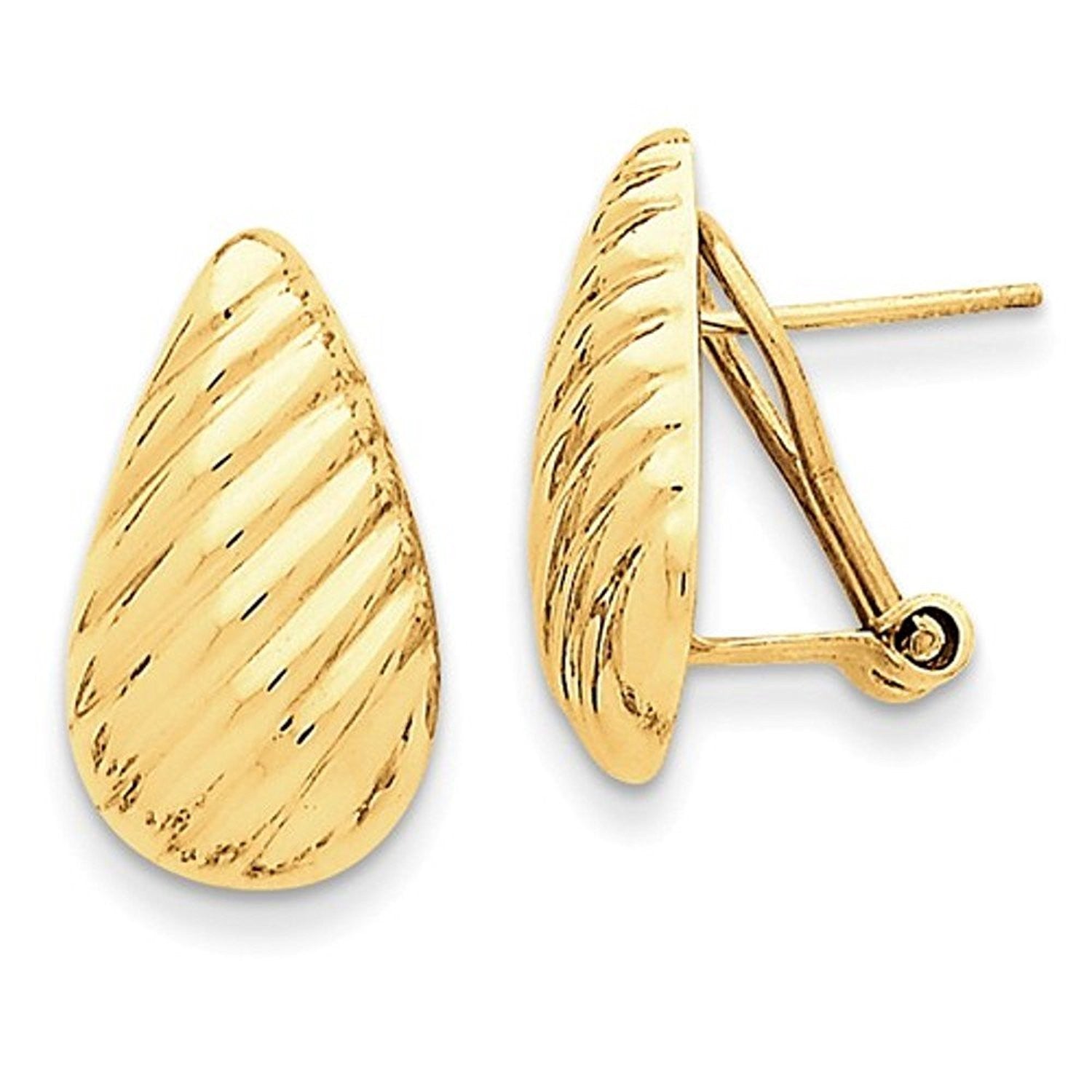 14k Yellow Gold Textured Teardrop Omega Clip Back Earrings