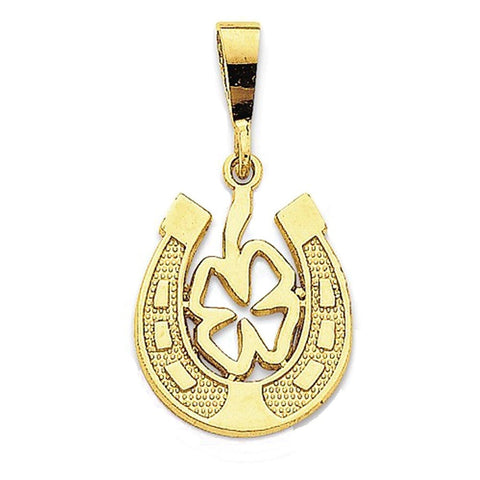 14k Yellow Gold Horseshoe Lucky Clover Pendant Charm
