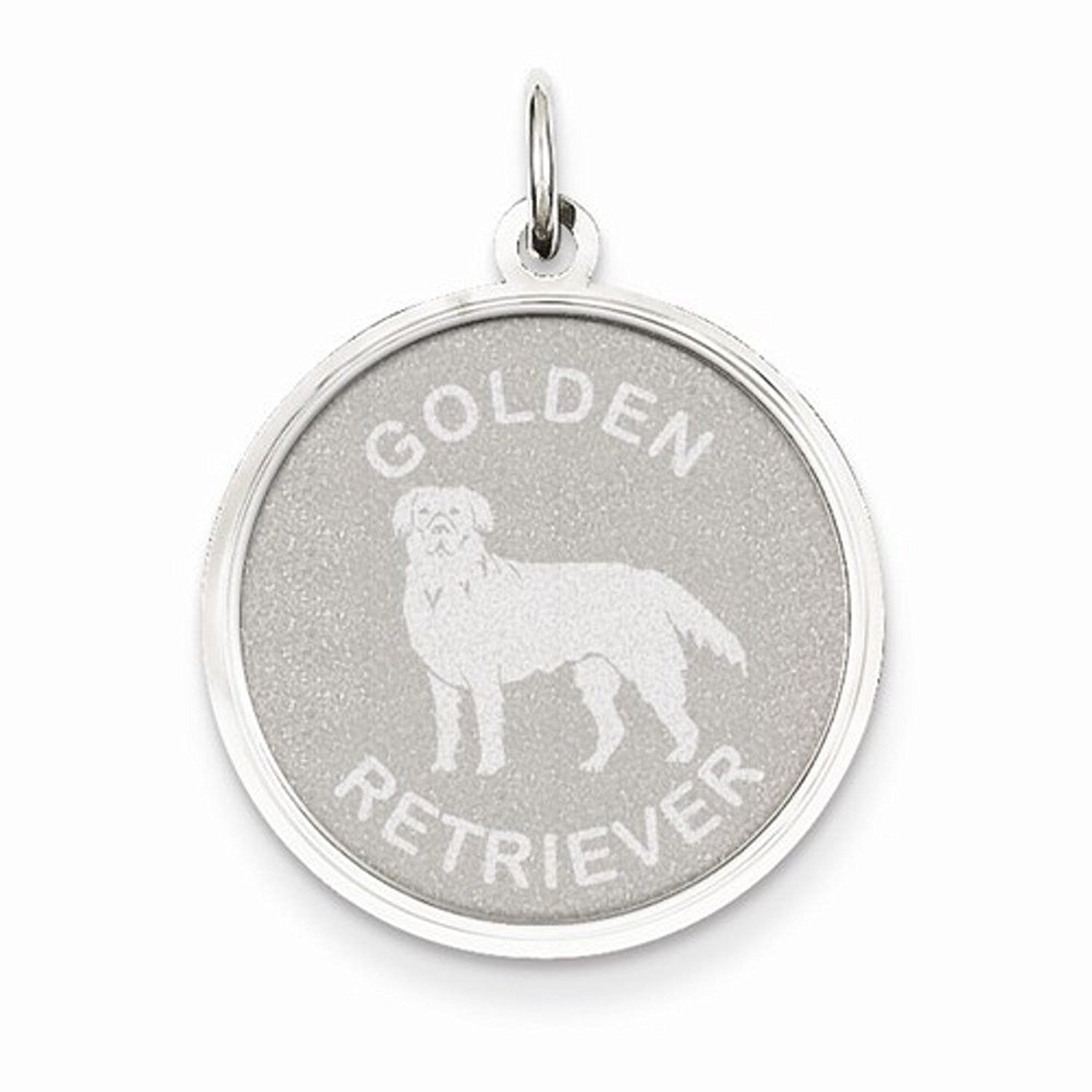 14k White Gold Golden Retriever Dog Round Disc Pendant Charm