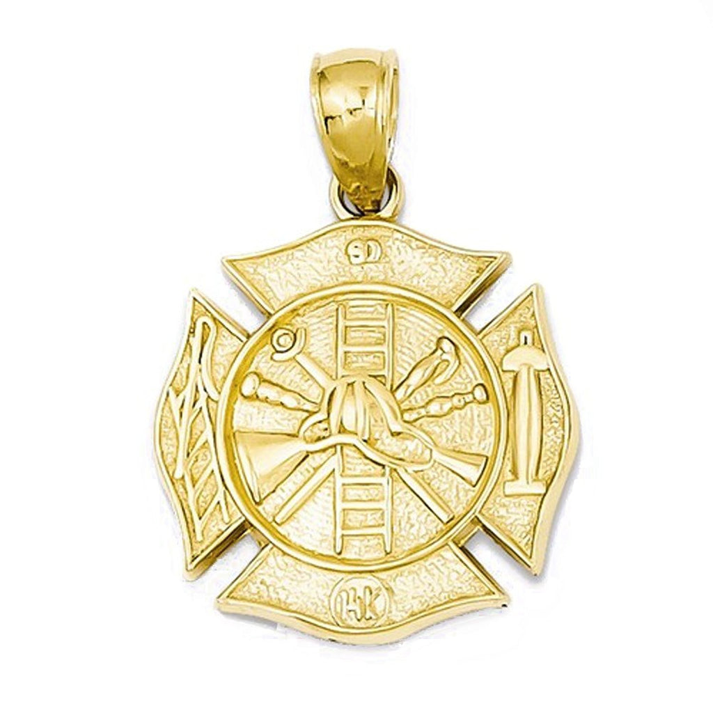 14k Yellow Gold Fireman Shield Fire Department Reversible Pendant Charm - [cklinternational]