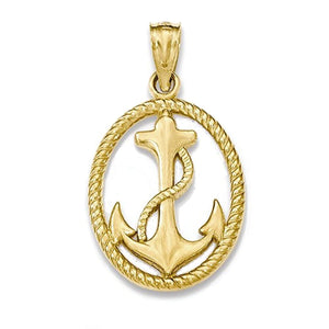 14k Yellow Gold Anchor Oval Pendant Charm