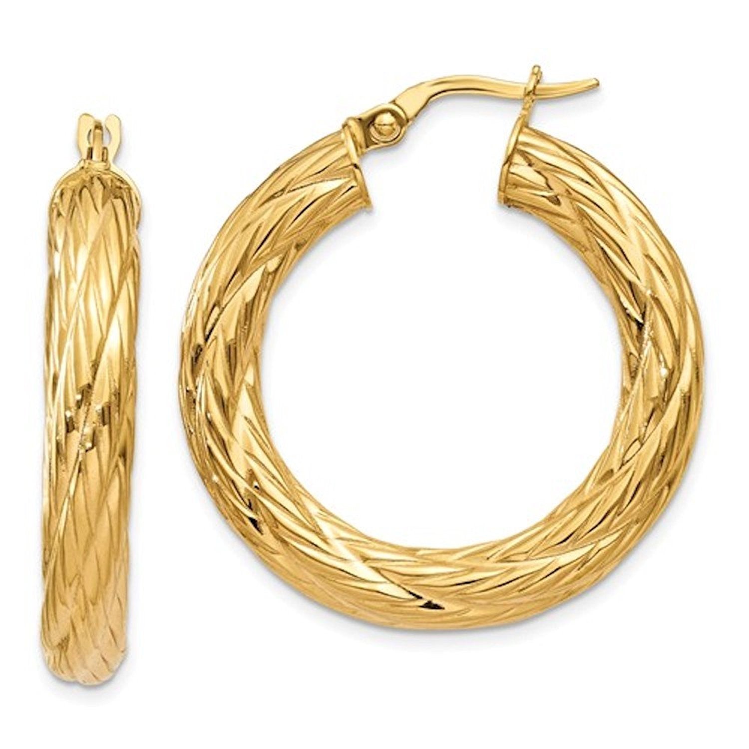 14K Yellow Gold 30mm x 4.5mm Textured Round Hoop Earrings