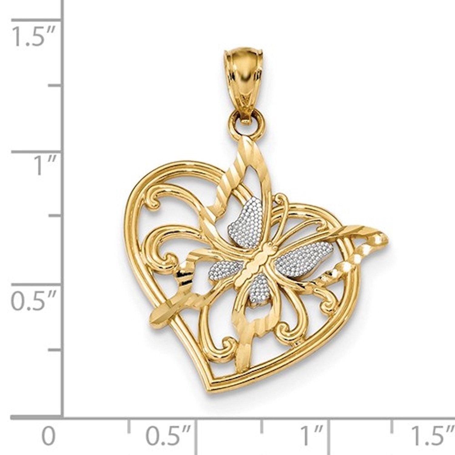 14k Yellow Gold and Rhodium Butterfly Heart Pendant Charm