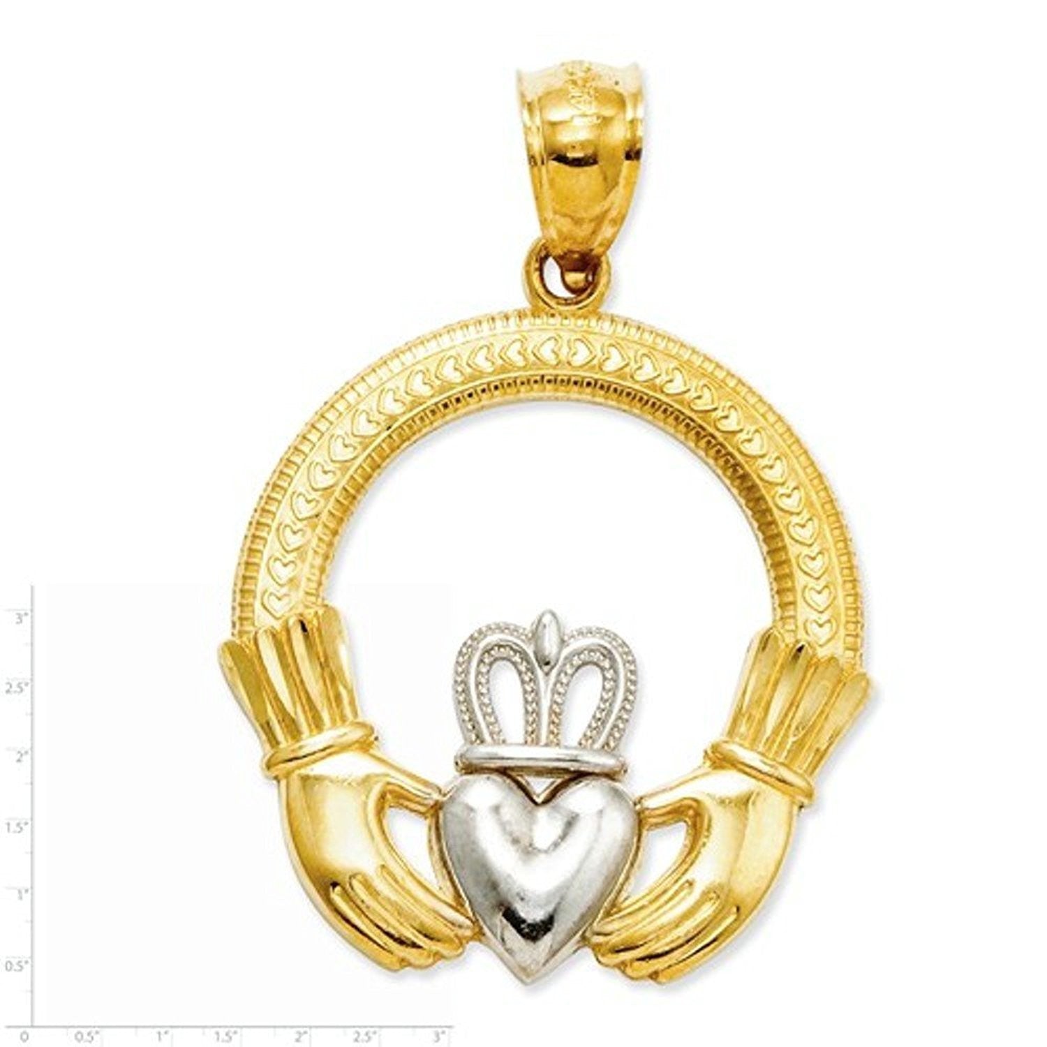 14k Yellow Gold and Rhodium Claddagh Open Back Pendant Charm