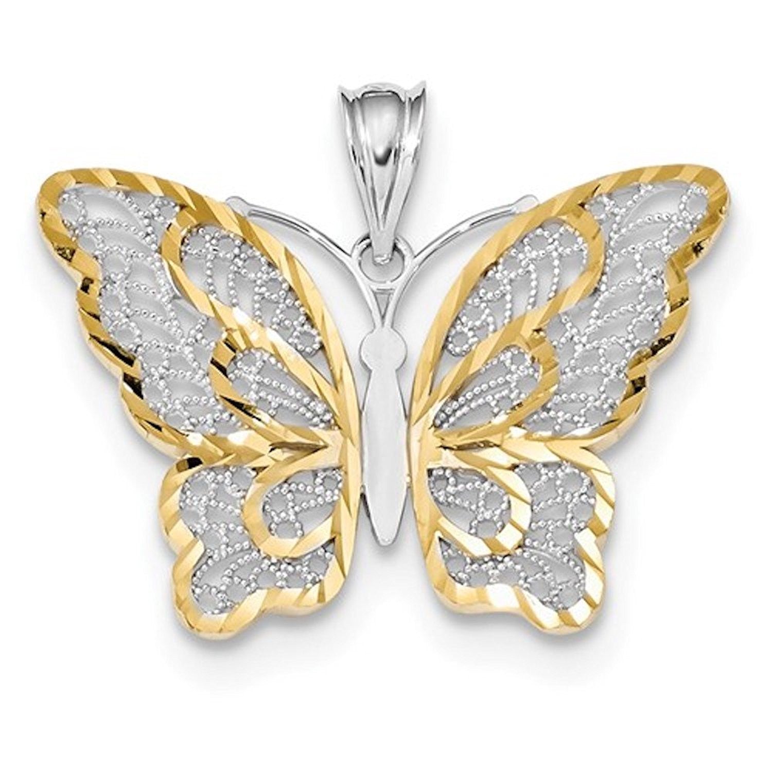 14k Yellow Gold and Rhodium Butterfly Filigree Pendant Charm