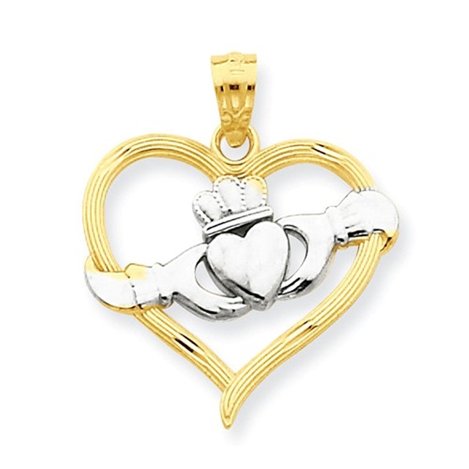 14k Yellow Gold and Rhodium Heart Claddagh Pendant Charm