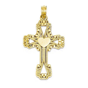 14k Yellow Gold Cross with Heart Pendant Charm