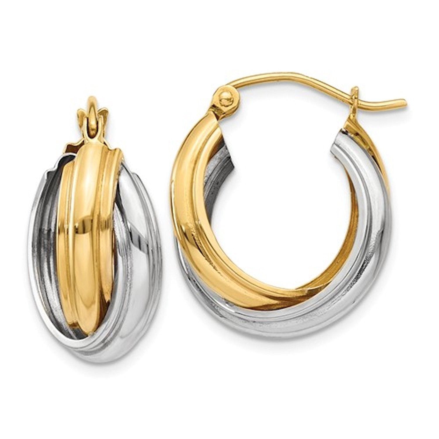 14K Gold Two Tone 18mmx10mmx9mm Modern Contemporary Double Hoop Earrings