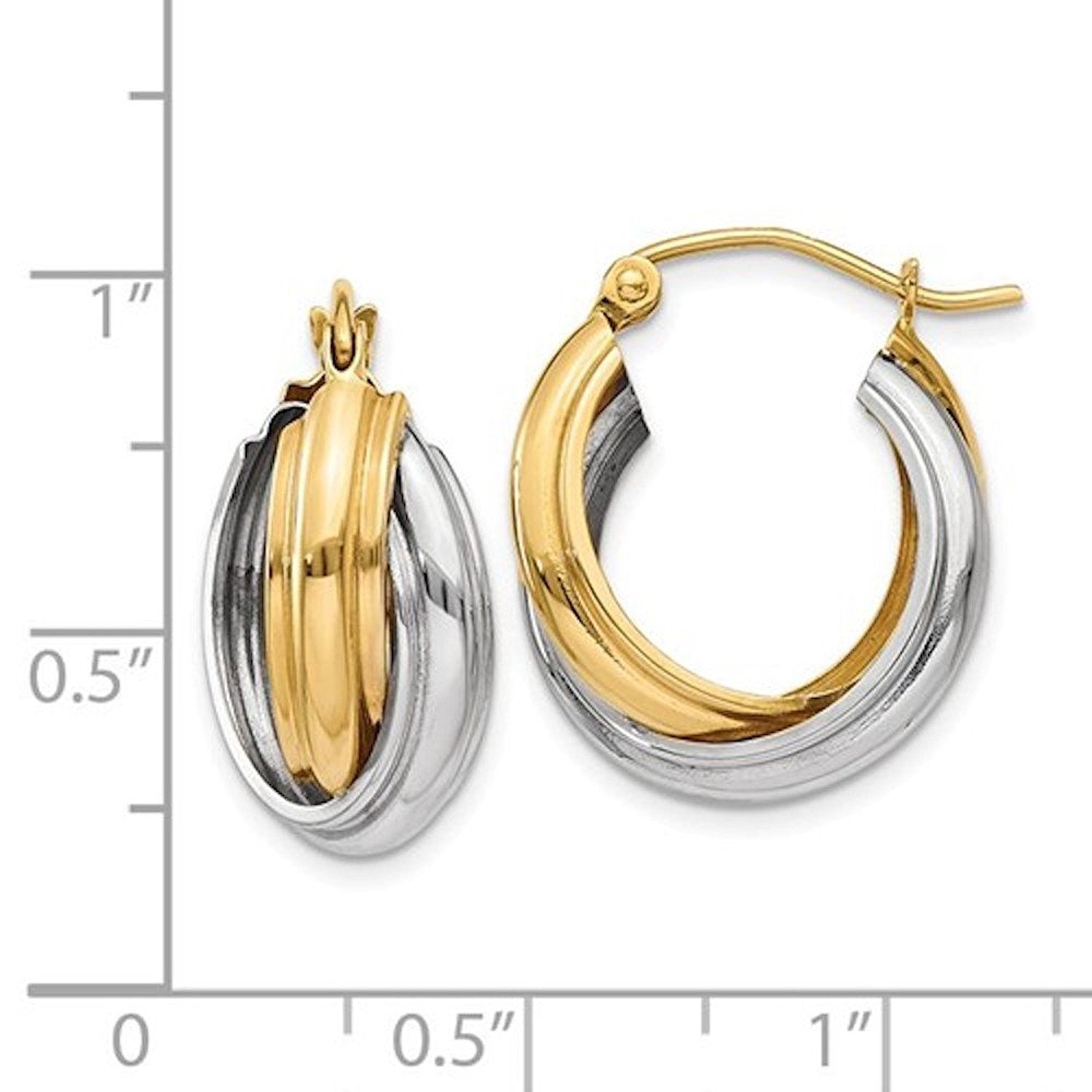 14K Gold Two Tone 18mmx10mmx9mm Modern Contemporary Double Hoop Earrings