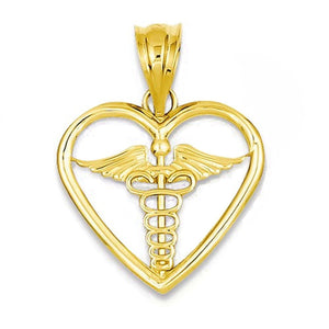 14k Yellow Gold Medical Caduceus Symbol Heart Pendant Charm