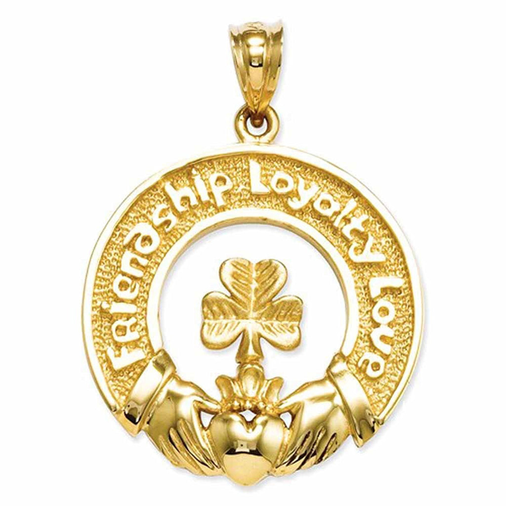 14k Yellow Gold Claddagh Shamrock Friendship Loyalty Love Pendant Charm - [cklinternational]