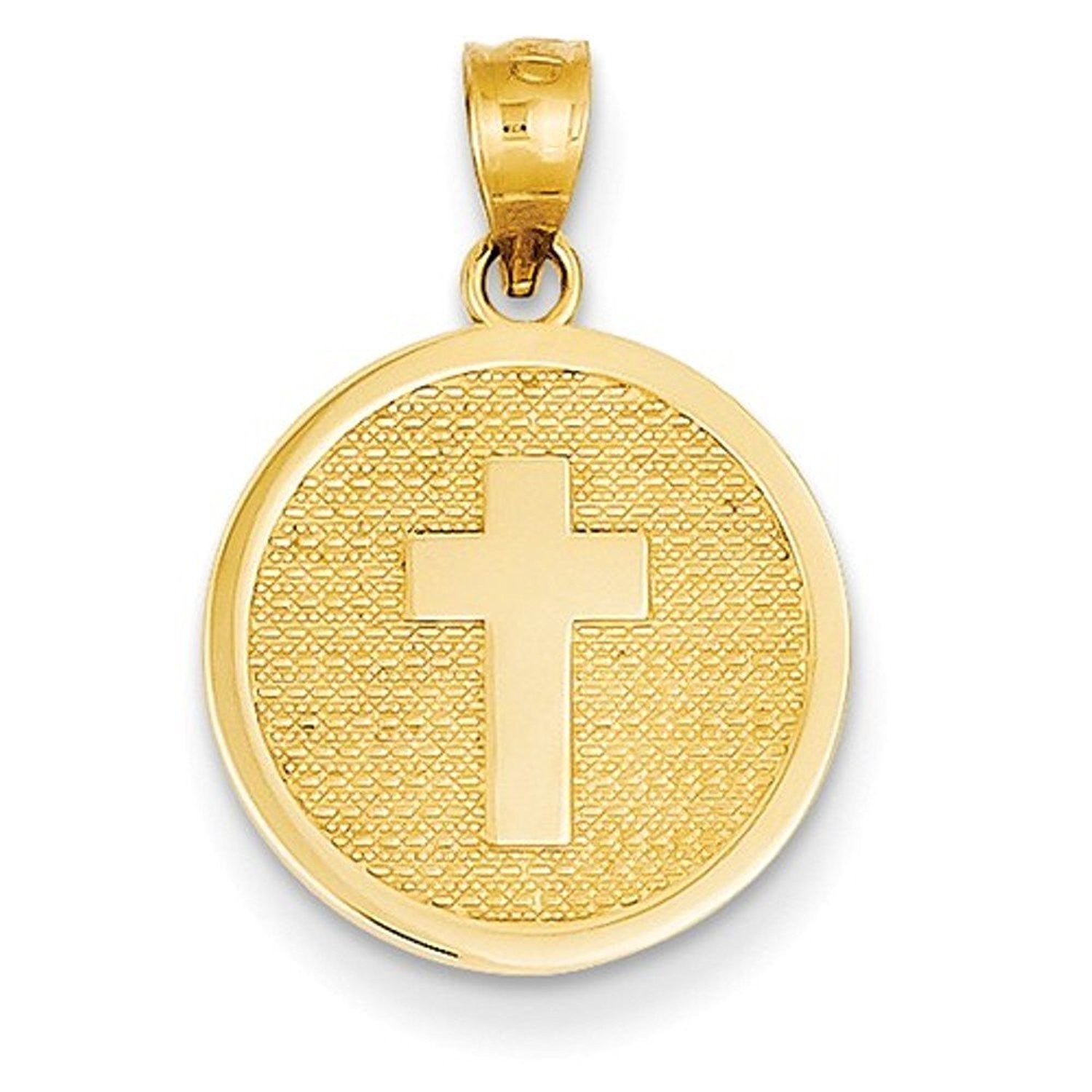 14k Yellow Gold Cross God Bless Round Reversible Pendant Charm