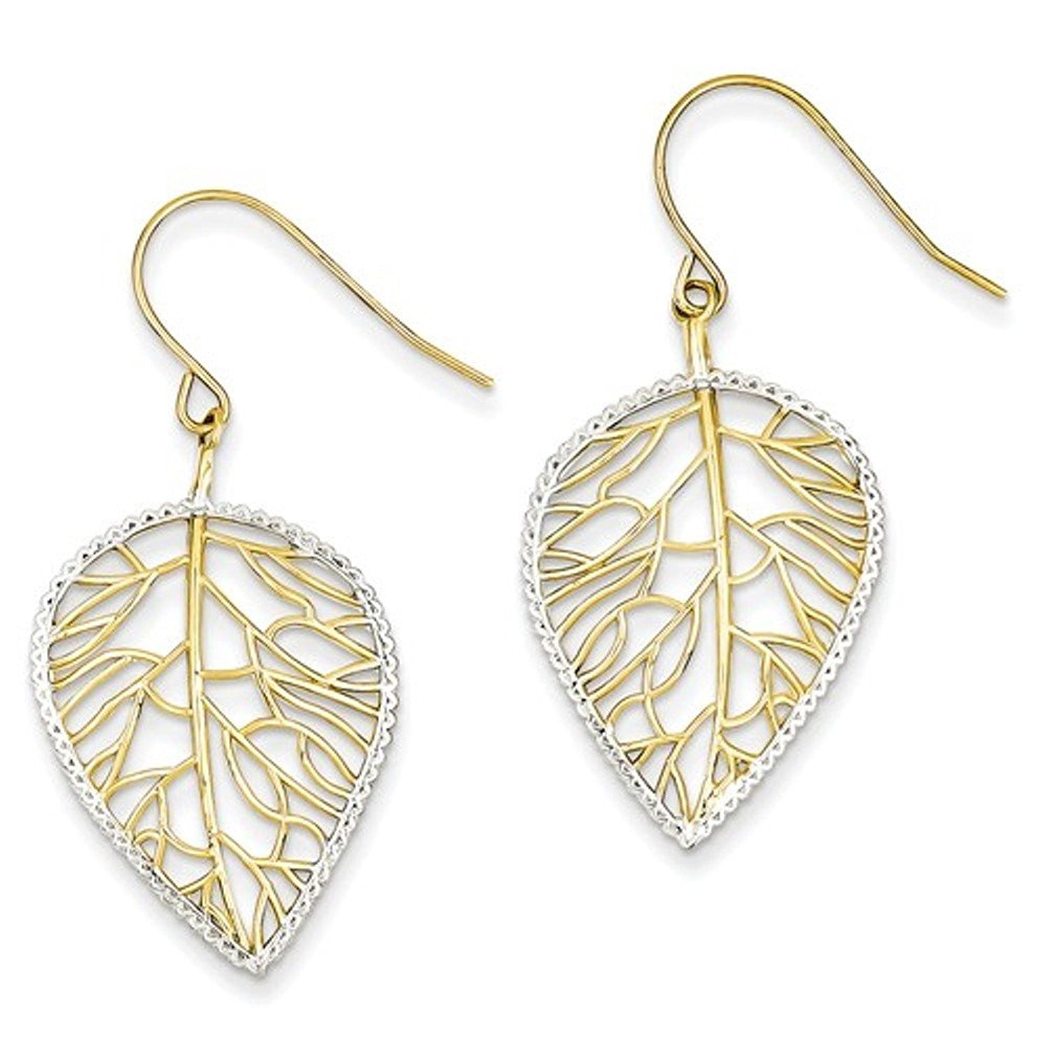 14k Yellow Gold Rhodium Leaf Drop Shepherd Hook Dangle Earrings
