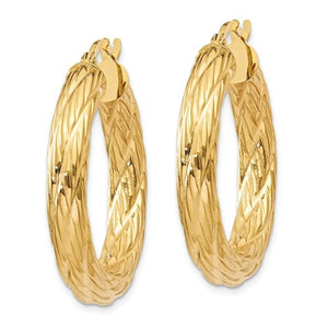 14K Yellow Gold 30mm x 4.5mm Textured Round Hoop Earrings