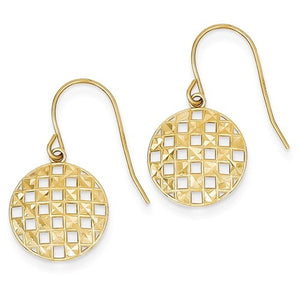 14k Yellow Gold Circle Checkered Shepherd Hook Dangle Earrings