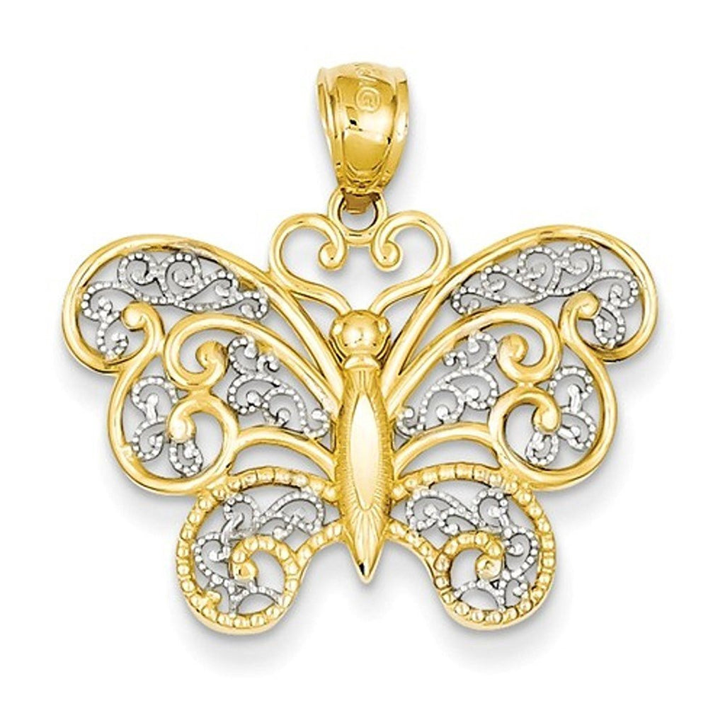 14k Yellow Gold and Rhodium Filigree Butterfly Pendant Charm - [cklinternational]