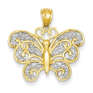 14k Yellow Gold and Rhodium Filigree Butterfly Pendant Charm - [cklinternational]