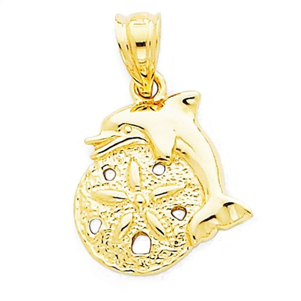 14k Yellow Gold Small Sand Dollar Dolphin Pendant Charm - [cklinternational]