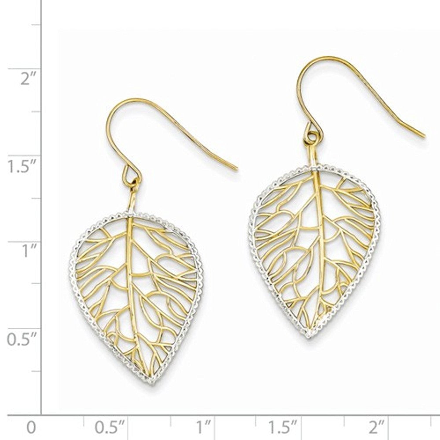 14k Yellow Gold Rhodium Leaf Drop Shepherd Hook Dangle Earrings
