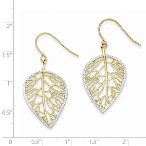 14k Yellow Gold Rhodium Leaf Drop Shepherd Hook Dangle Earrings