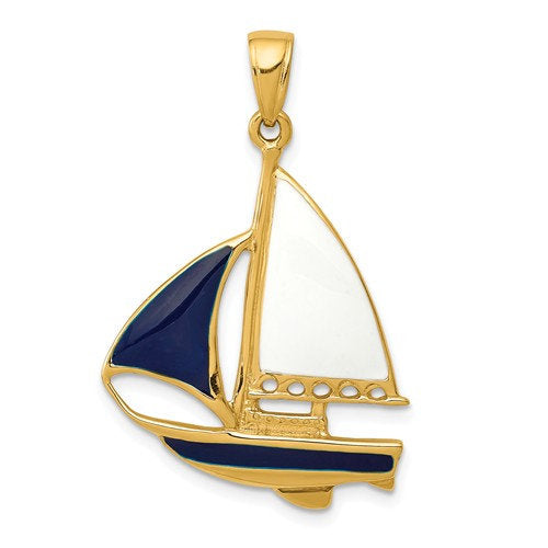 Afbeelding in Gallery-weergave laden, 14k yellow gold enamel blue white sailboat pendant charm