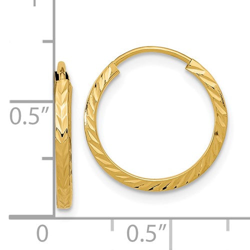 14k Yellow Gold 13mm x 1.35mm Diamond Cut Round Endless Hoop Earrings
