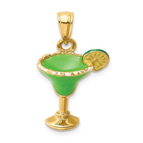 14k Yellow Gold Enamel Green Margarita Cocktail Drink Pendant Charm