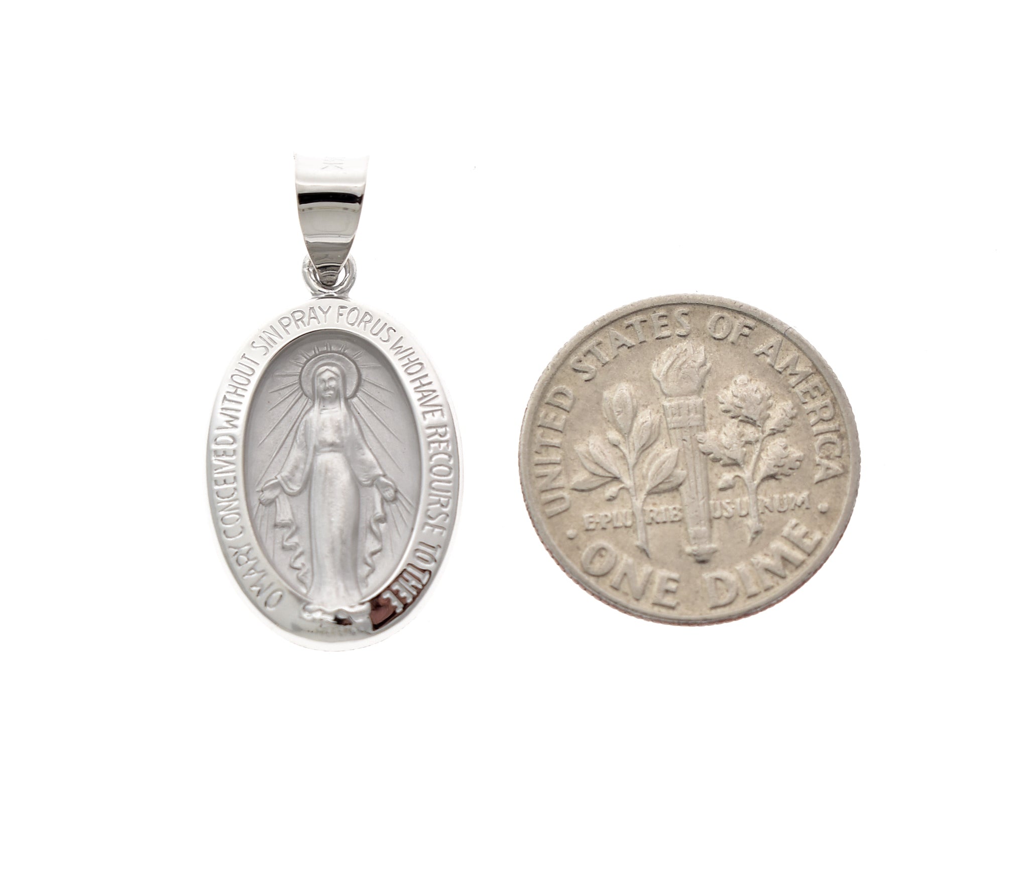 14k White Gold Blessed Virgin Mary Miraculous Medal Oval Hollow Pendant Charm