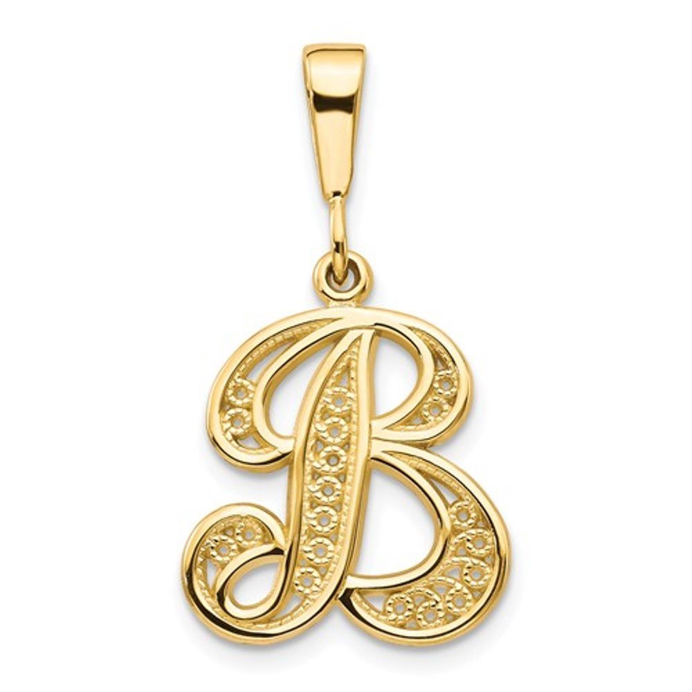 14k yellow gold initial letter b cursive script alphabet filigree pendant charm