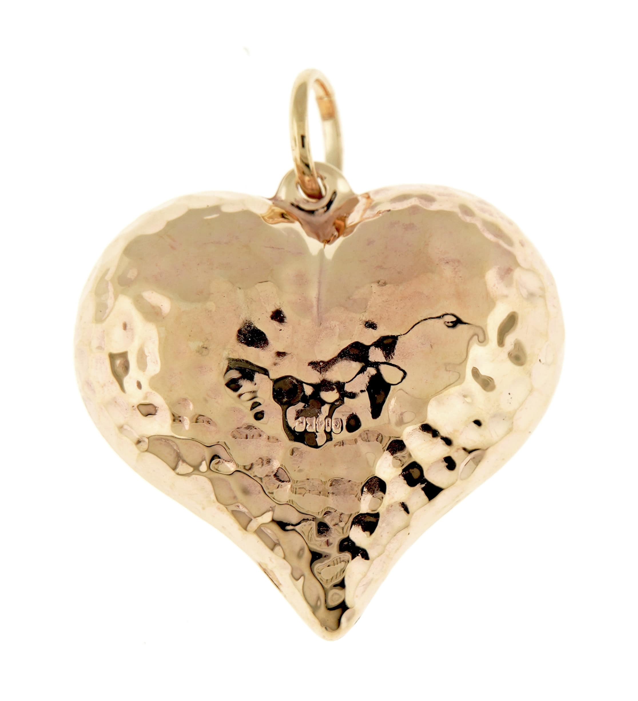 14K Yellow Gold Puffy Hammered Heart 3D Hollow Large Pendant Charm
