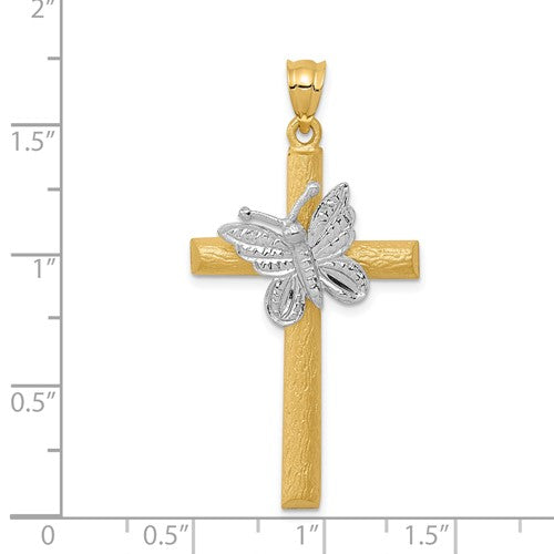 14K Yellow White Gold Two Tone Cross Butterfly Pendant Charm