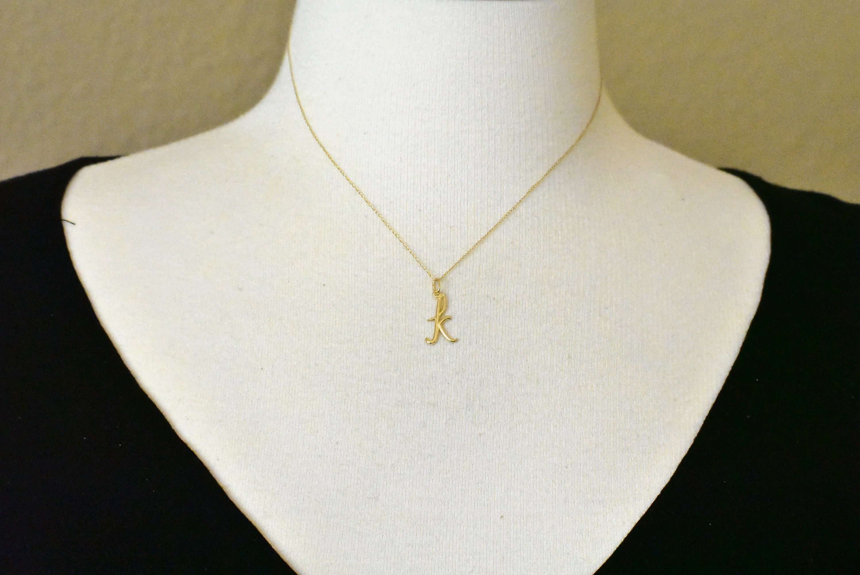 10K Yellow Gold Lowercase Initial Letter K Script Cursive Alphabet Pendant Charm
