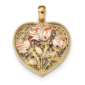 14k Two Tone Gold Roses and Heart Pendant Charm