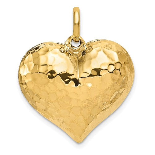 14K Yellow Gold Puffy Hammered Heart 3D Hollow Pendant Charm