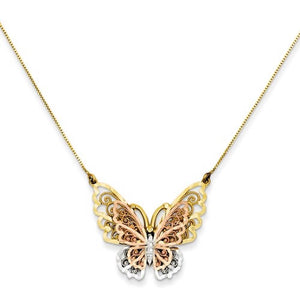14k Gold Tri Color Butterfly Necklace 18 inches