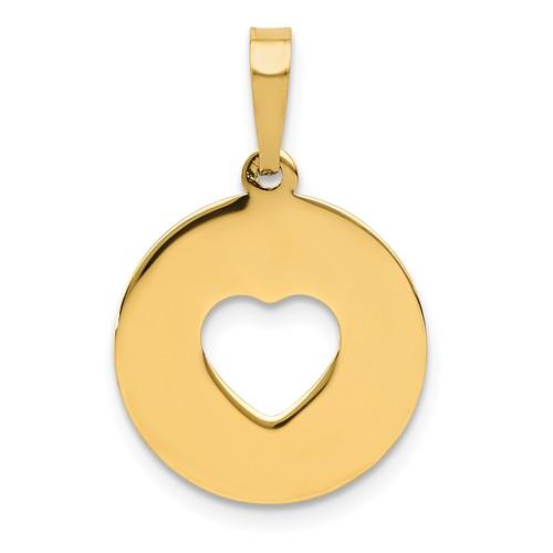 14k Yellow Gold Round Circle Heart Cut Out Pendant Charm