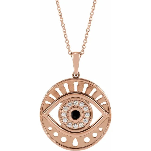 Platinum 14k Yellow Rose White Gold Eye Diamond Onyx Pendant Charm Necklace Set