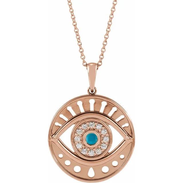 Platinum 14k Yellow Rose White Gold Diamond Eye Turquoise Round Medallion Pendant Charm Necklace Set