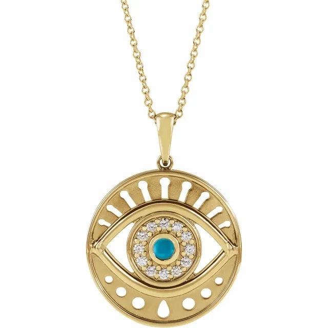 Platinum 14k Yellow Rose White Gold Diamond Eye Turquoise Round Medallion Pendant Charm Necklace Set