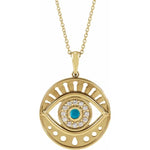 Załaduj obraz do przeglądarki galerii, Platinum 14k Yellow Rose White Gold Diamond Eye Turquoise Round Medallion Pendant Charm Necklace Set
